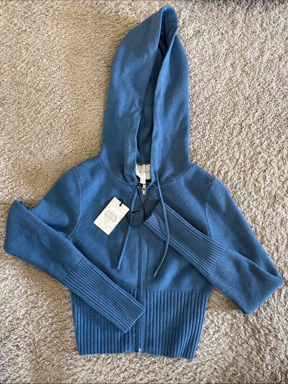 Pink Rose Blue Hooded Zip-Front Cardigan Sweater